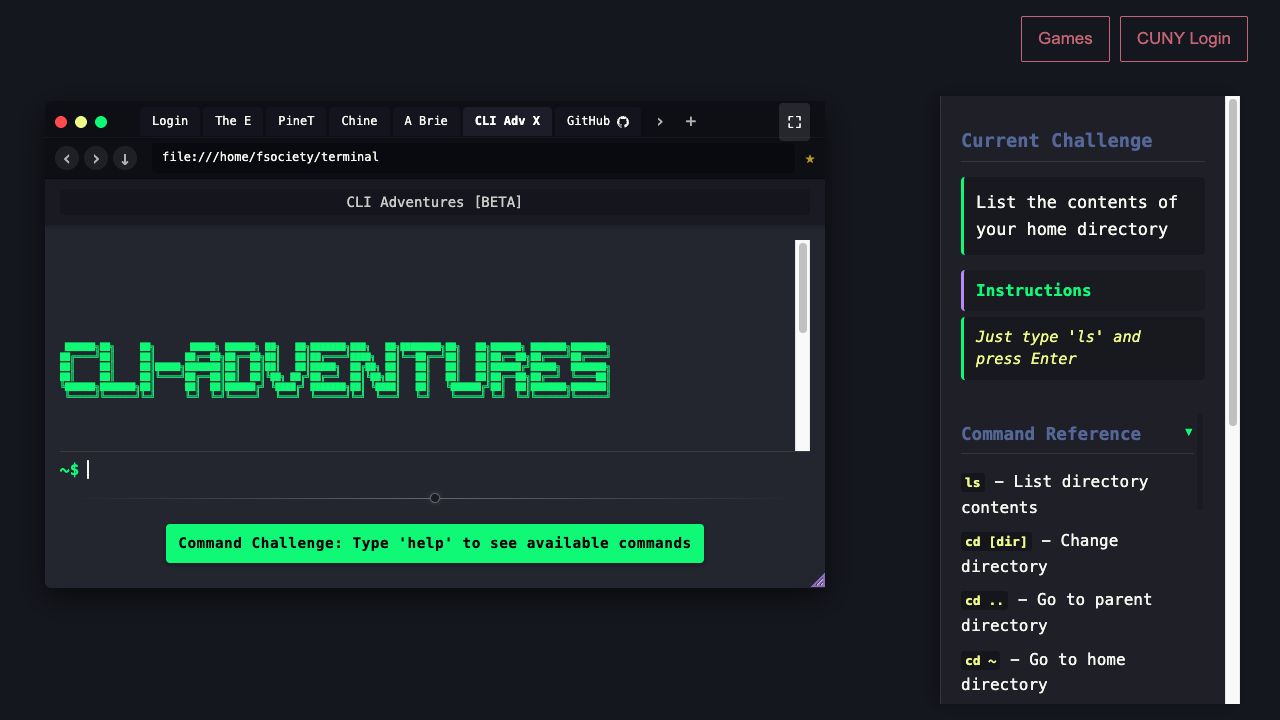 CLI Adventures running on its Cloudflare Worker, with a simulated terminal, an introductory command challenge, and the shared Games and CUNY Login buttons.